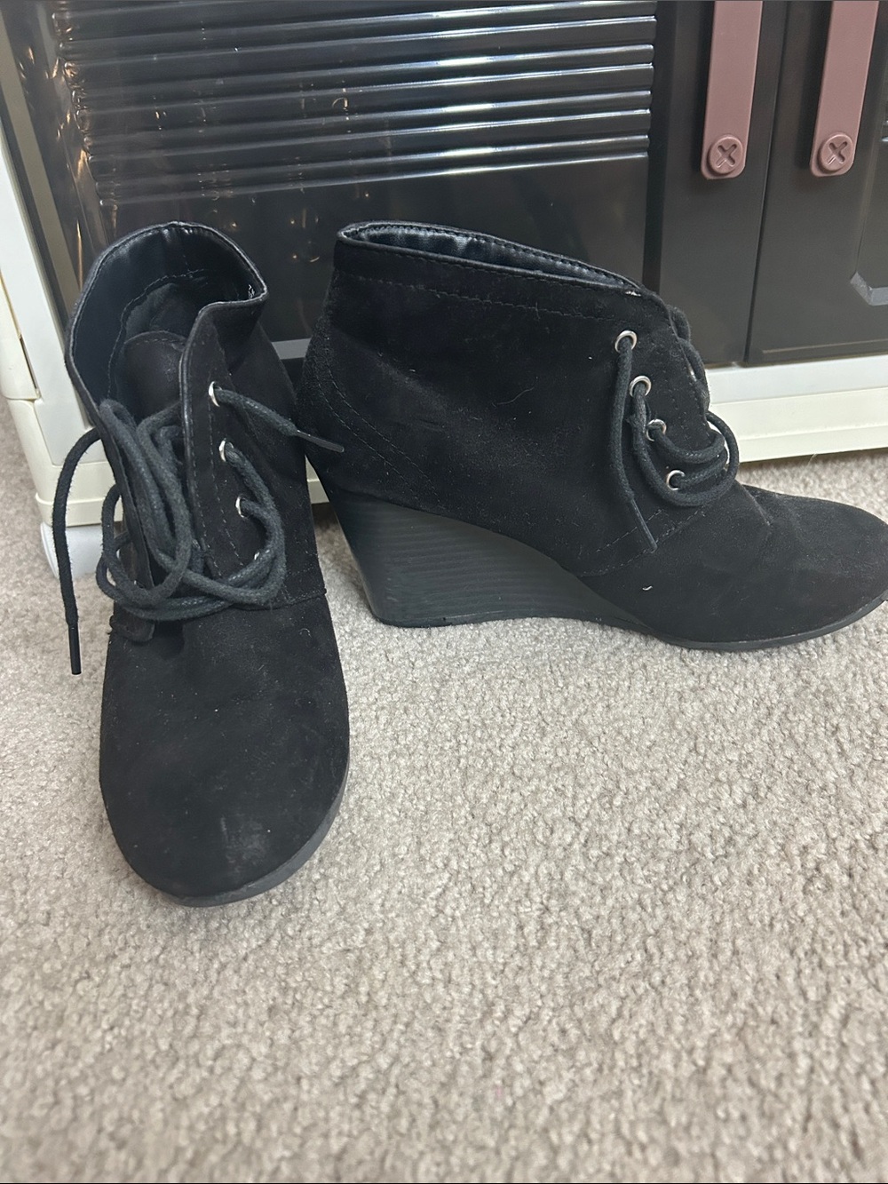 Black Suede Lace-Up Wedge Ankle Boots